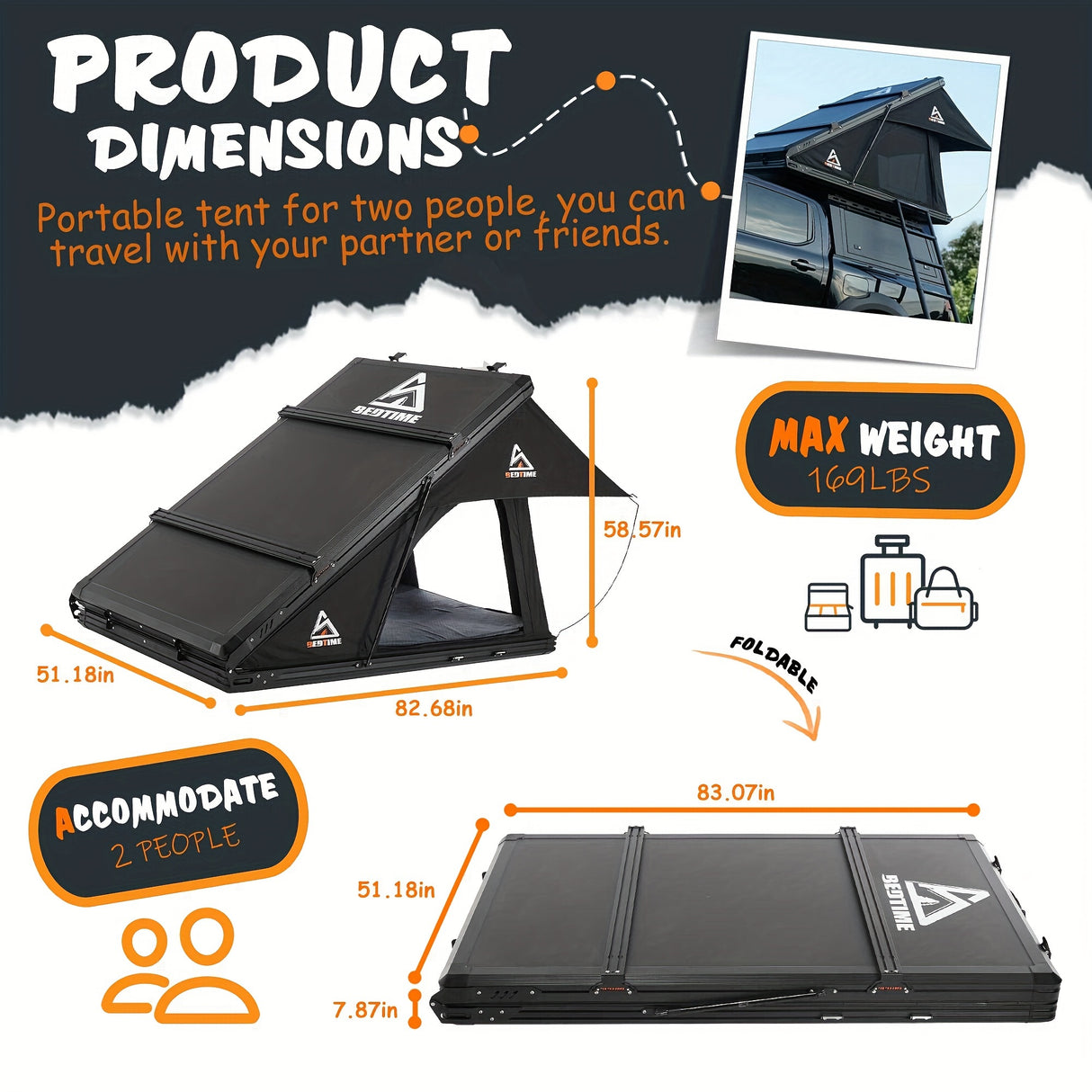 BEDTIME Hard Shell Rooftop Tent-Honeycomb Aluminum, Hydraulic Support, Three Second Speed Open, Roof Rack, High Rebound Memory Sponge Mattress, Sturdy, Better Ventilation For 2-3 People Car SUV Truck Tent