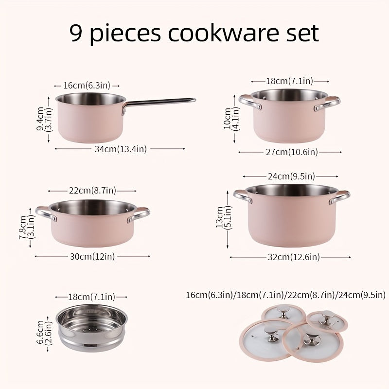Purecook 9pcs, Stainless Steel Cookware Set, Ceramic-Coated, Durable Glass Lids With Silicone Trim, Versatile For Induction & Gas Cooktops, Includes 1Sauce Pan, 2 Soup Pot, 1Rondeau, 4Lids & 
 1Steamer, Dishwasher Oven Safe,