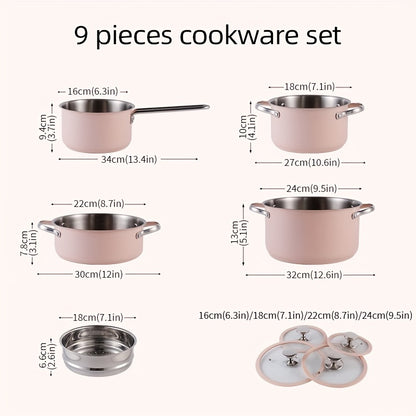 Purecook 9pcs, Stainless Steel Cookware Set, Ceramic-Coated, Durable Glass Lids With Silicone Trim, Versatile For Induction & Gas Cooktops, Includes 1Sauce Pan, 2 Soup Pot, 1Rondeau, 4Lids & 
 1Steamer, Dishwasher Oven Safe,