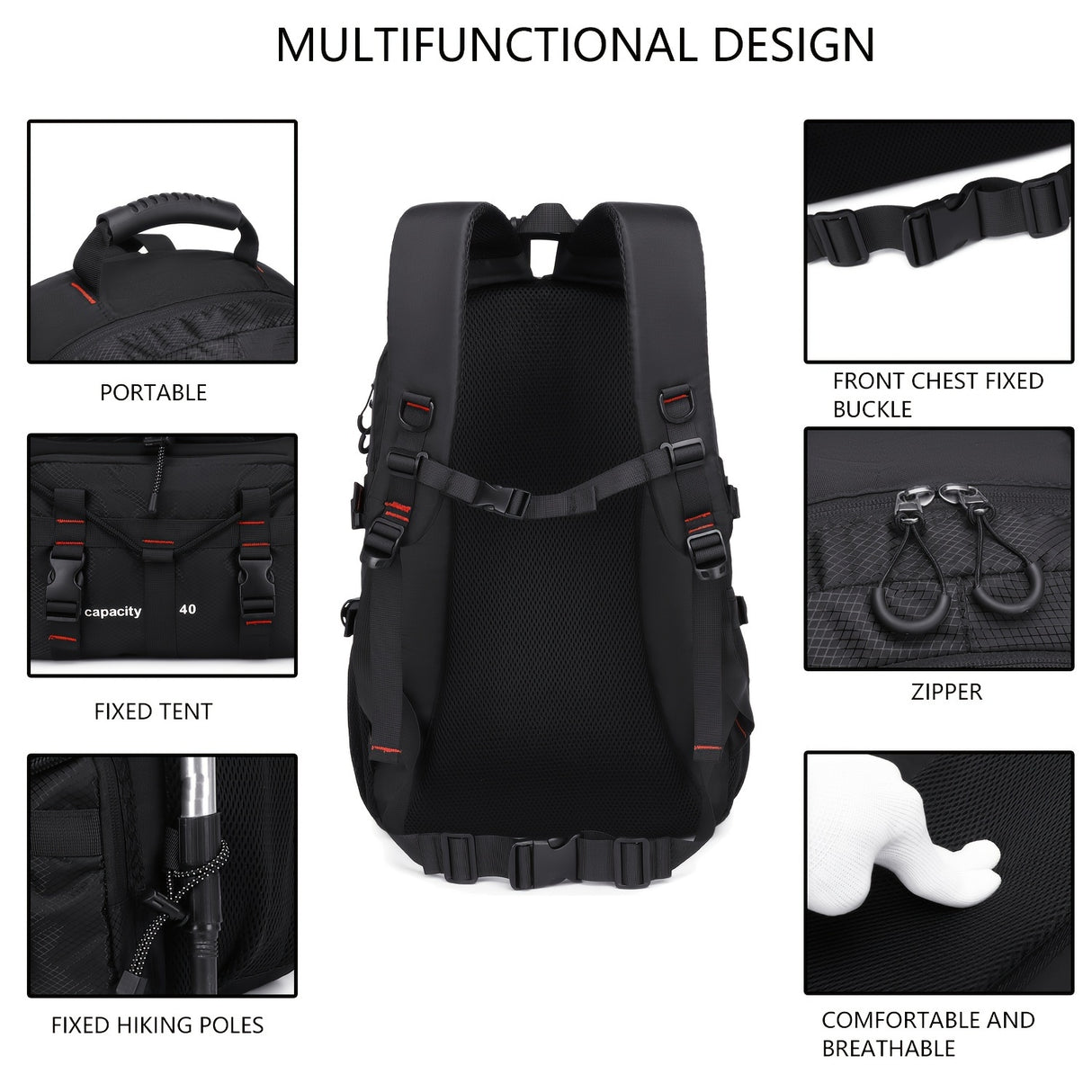 [40L CsakeKecna Backpack] CsakeKecna 40L Lightweight Hiking Backpack | Large Capacity Travel Climbing Rucksack with Laptop Compartment, USB Powered, Adjustable Straps, Zip Closure, Polyester Lining - Solid Color for Men and W