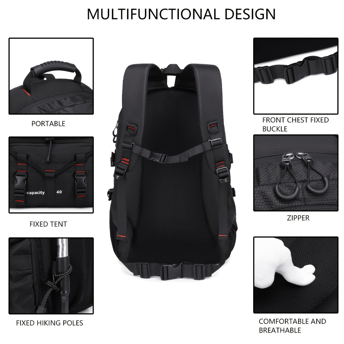 [40L CsakeKecna Backpack] CsakeKecna 40L Lightweight Hiking Backpack | Large Capacity Travel Climbing Rucksack with Laptop Compartment, USB Powered, Adjustable Straps, Zip Closure, Polyester Lining - Solid Color for Men and W
