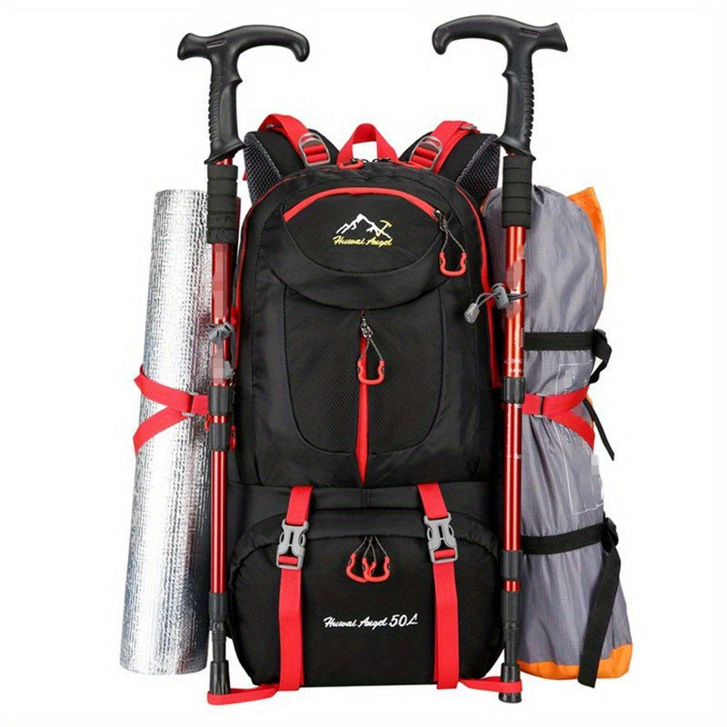 Universal Climbing Backpack, Lightweight Travel, Multifunctional, Hiking, Alphabet Pattern, Hard Shell, Black, with Zipper Closure, Hip Adjustment, Nylon Fabric, Utility Pocket, Cord Embellishment, Wipe with Damp Cloth, for L