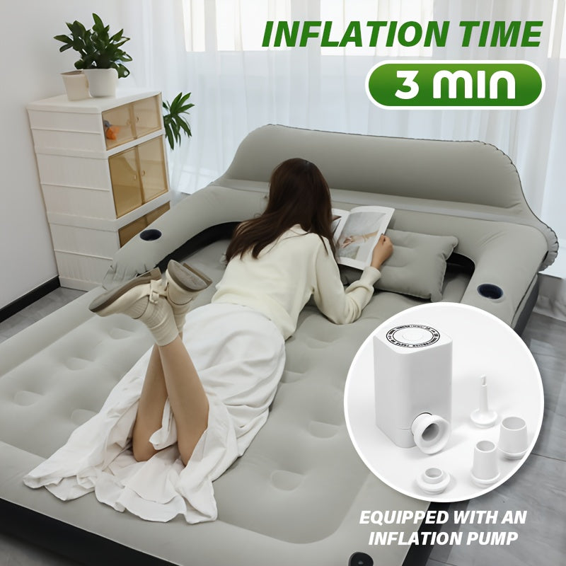 [Automatic Inflatable Mattress] Automatic Double Bed Inflatable Mattress with Backrest Pillow | Portable Air Cushion Outdoor Camping Home Inflatable Mattress Bed with Inflatable Pump