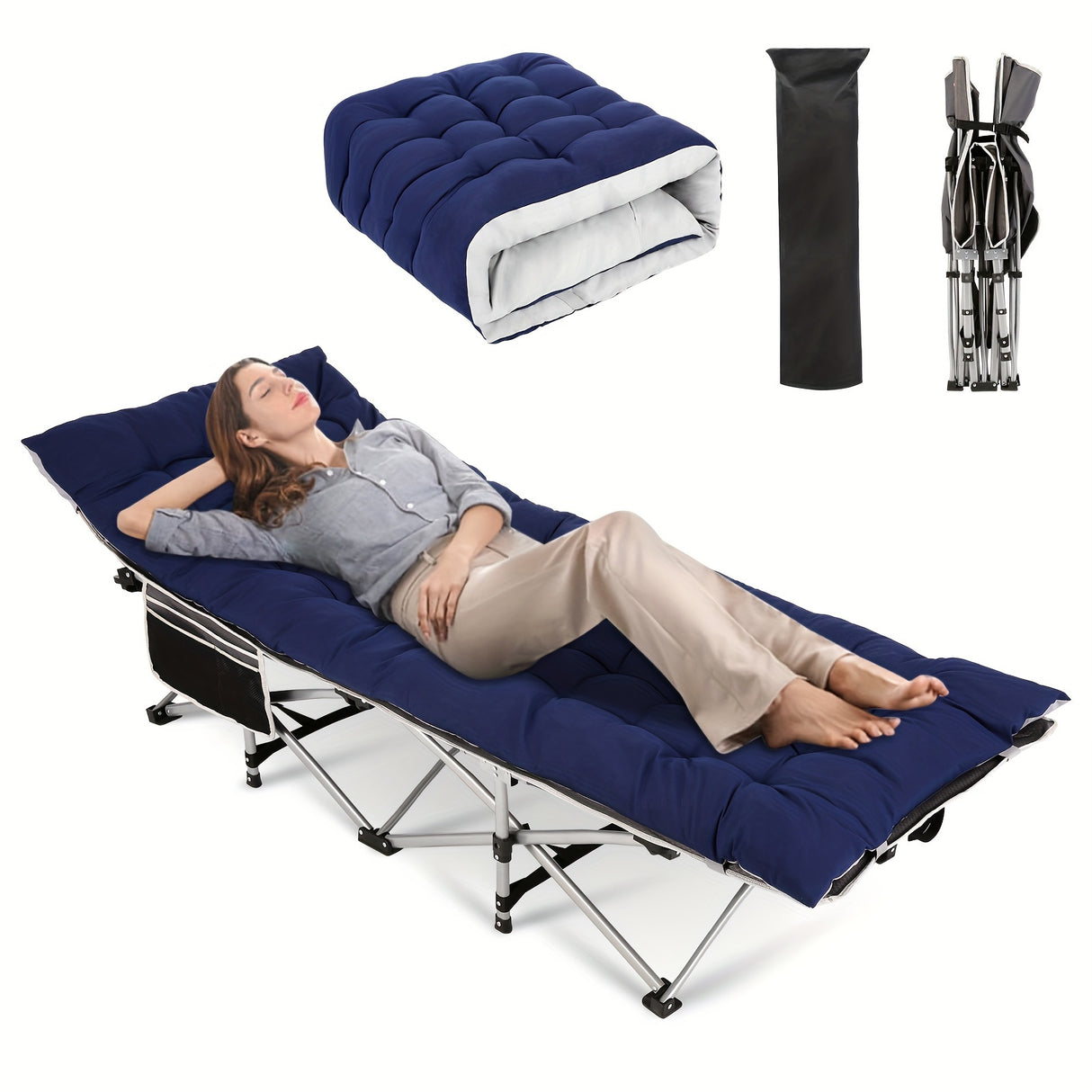 Camping Sleeping Cots with cotton-padded/Velvet Mattress, 900lbs Double Layer Oxford Portable Folding Cots for Garden, Camping, Hiking, Outdoor, Home, Office, Lightweight, Stable, Durable