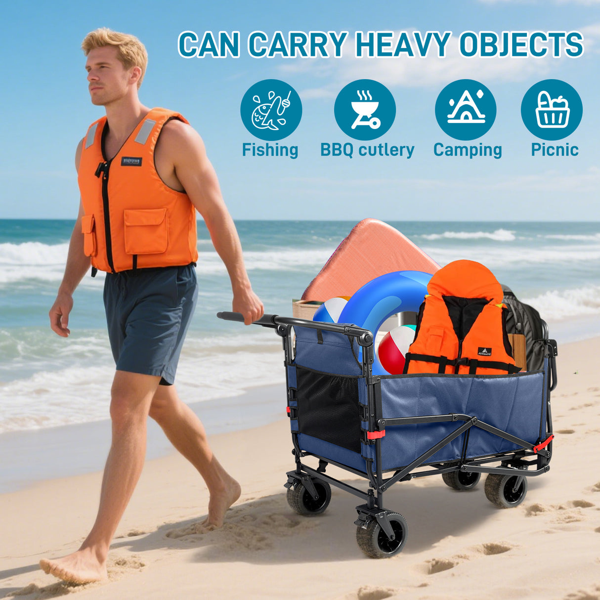 Collapsible Folding Wagon Cart, Convertible beach chair, Large Capacity Camping Wagon, Can hold up to 400 lbs, All Terrain Foldable Wagon, Heavy Duty Utility Wagon Cart For Grocery Outdoor Beach Gardening Shopping Fishing