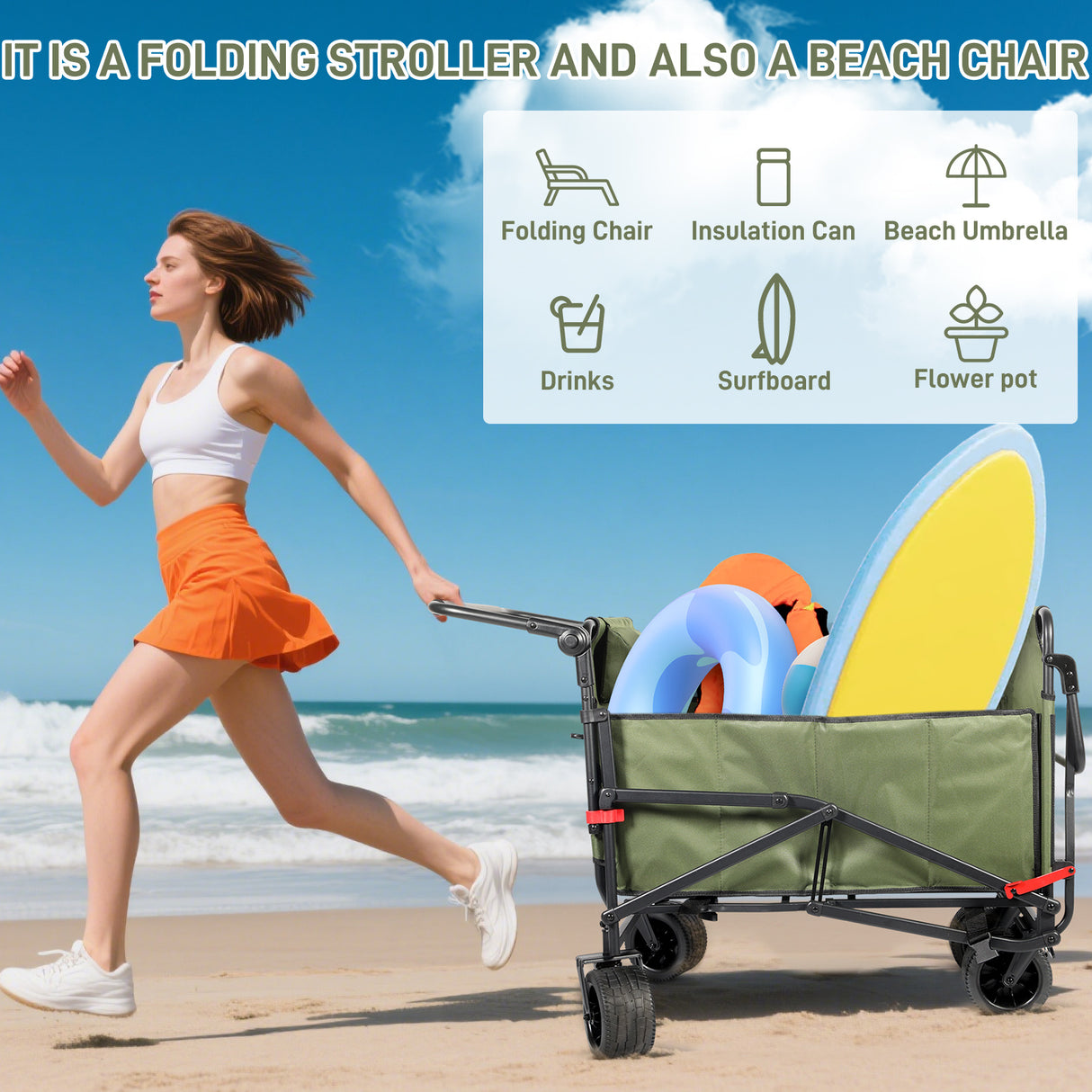 Collapsible Folding Wagon Cart, Convertible beach chair, Large Capacity Camping Wagon, Can hold up to 400 lbs, All Terrain Foldable Wagon, Heavy Duty Utility Wagon Cart For Grocery Outdoor Beach Gardening Shopping Fishing