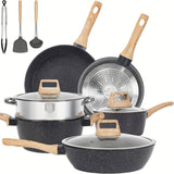 12 POTS and pans Set Non-stick Cookware Set, Cookware non-stick Granite cooking Set, including frying pan, pan, steamer, silicone spatula and tongs (black)