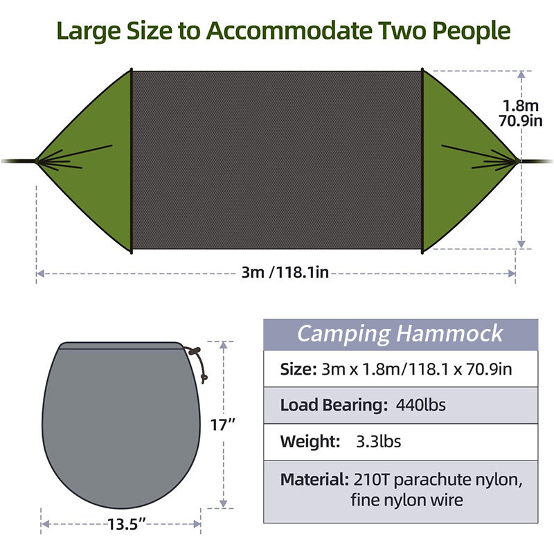 Camping Hammock, Hammock with Mosquito Net 118" x 71" Portable 2 Person Hammock Lightweight Hammocks Tent with Tree Straps for Backpacking Hiking Backyard Camping Outdoor