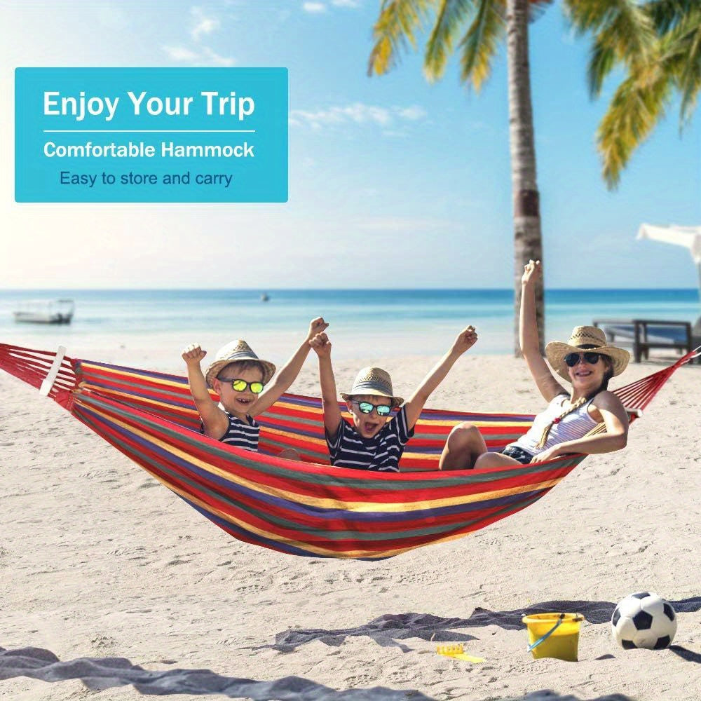2-Person Anti-Flip Camping Hammock with Striped Design - Spacious Double Hammock with Quick-Setup Straps & Durable 100% Polyester Fabric for Couples, Friends - Perfect for Backyard, Beach, Hiking & Outdoor Adventures, Beach H