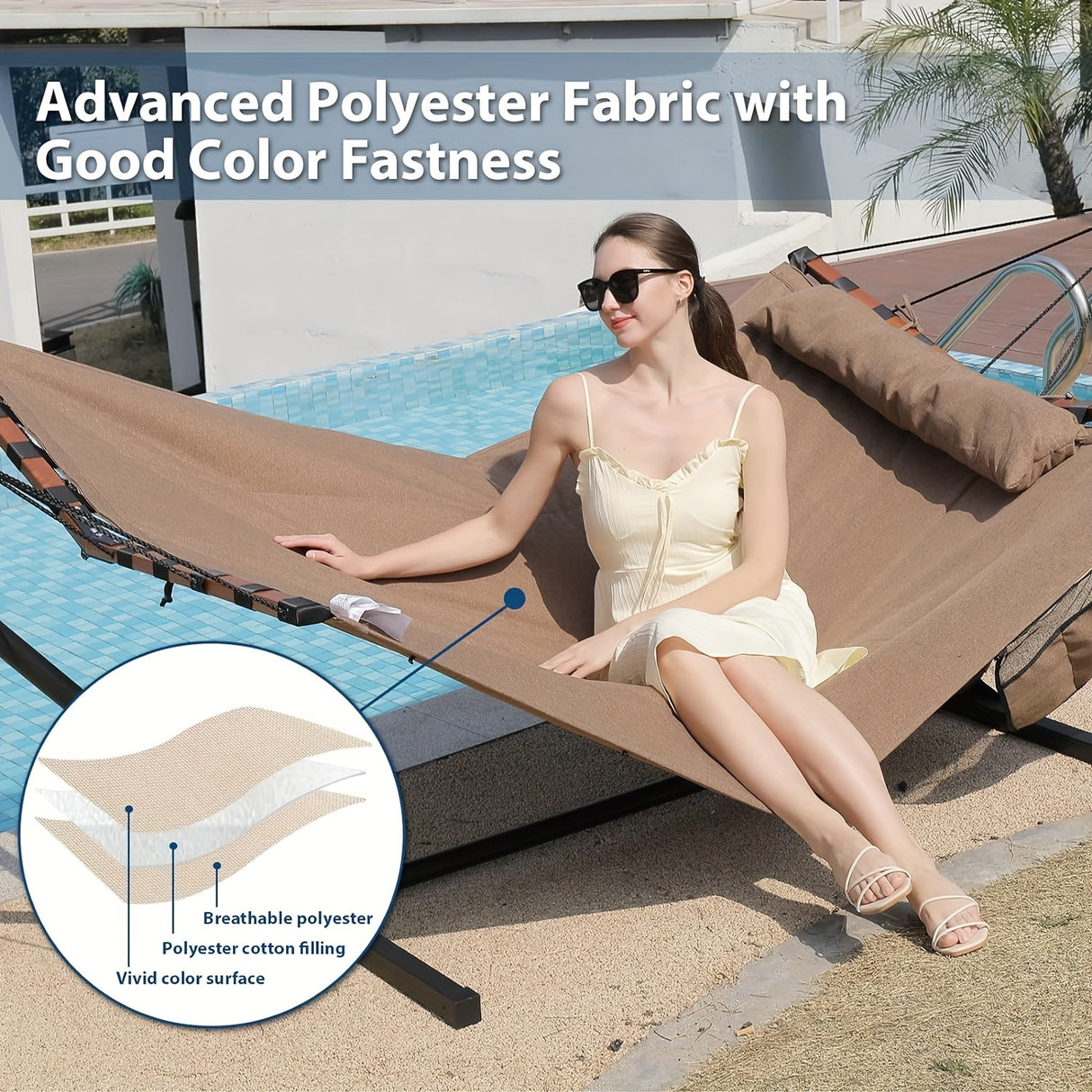 Deluxe 12ft 2-Person Beige Hammock with V-Shaped Hardwood Spreader Bar & Durable Nylon Rope - 450LB Capacity, Quick-Dry Fabric for Patio, Garden, Backyard, Beach & Poolside Relaxation, Hammocks for Outside