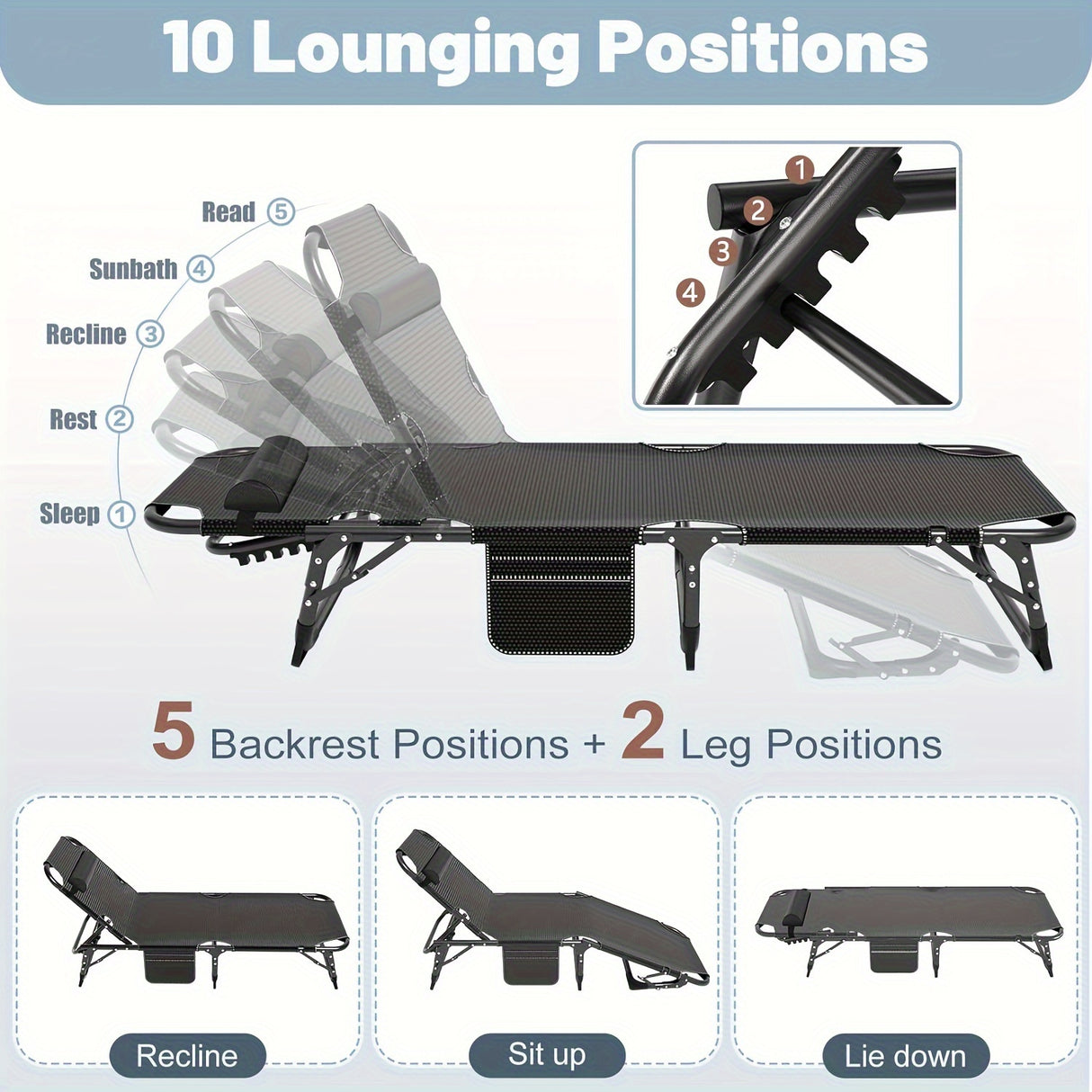 Sleeping Cots for Adults, 5-Position Folding Chaise Lounge Chairs Outdoor, Portable Folding Bed Cot Lounge Chair for Beach Lawn Camping Pool Sun Tanning