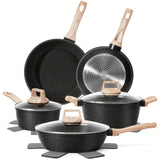 12 POTS and pans Set Non-stick Cookware Set, Cookware non-stick Granite cooking Set, including frying pan, pan, steamer, silicone spatula and tongs (black)