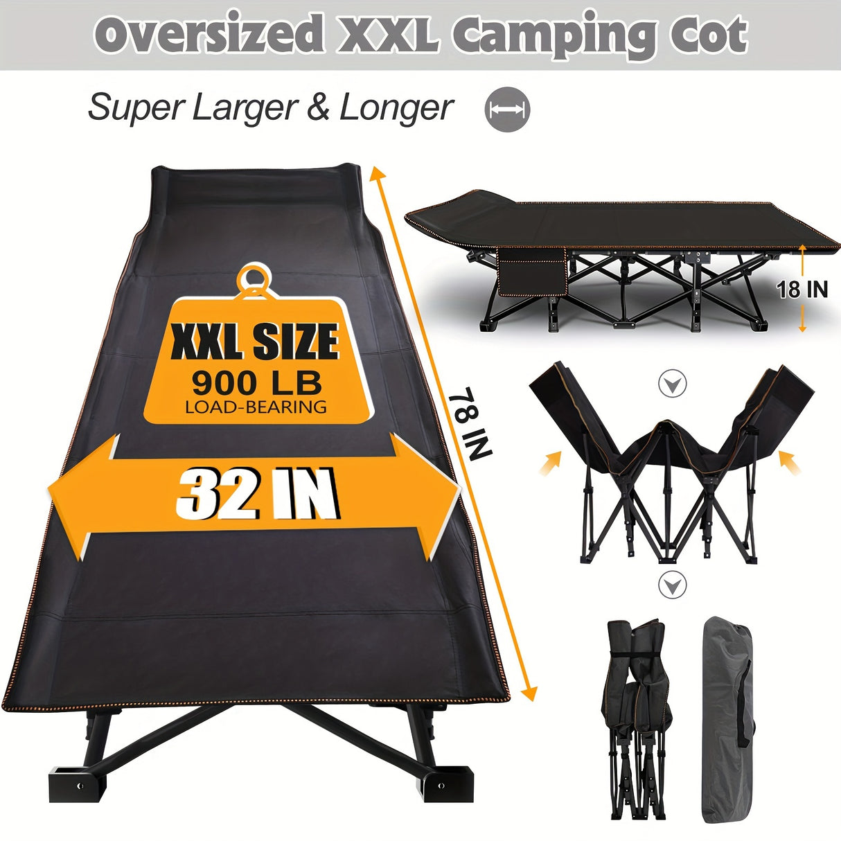 LILYPELLE Oversized XL Folding Camping Cot, Heavy Duty Sleeping Cots with Carry Bag, Double Layer Oxford Portable Travel Camp Cots for Home, Office Nap and Outdoor Beach