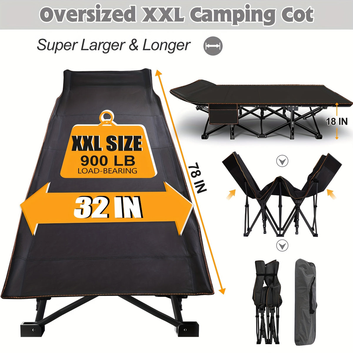 LILYPELLE Oversized XL Folding Camping Cot, Heavy Duty Sleeping Cots with Carry Bag, Double Layer Oxford Portable Travel Camp Cots for Home, Office Nap and Outdoor Beach
