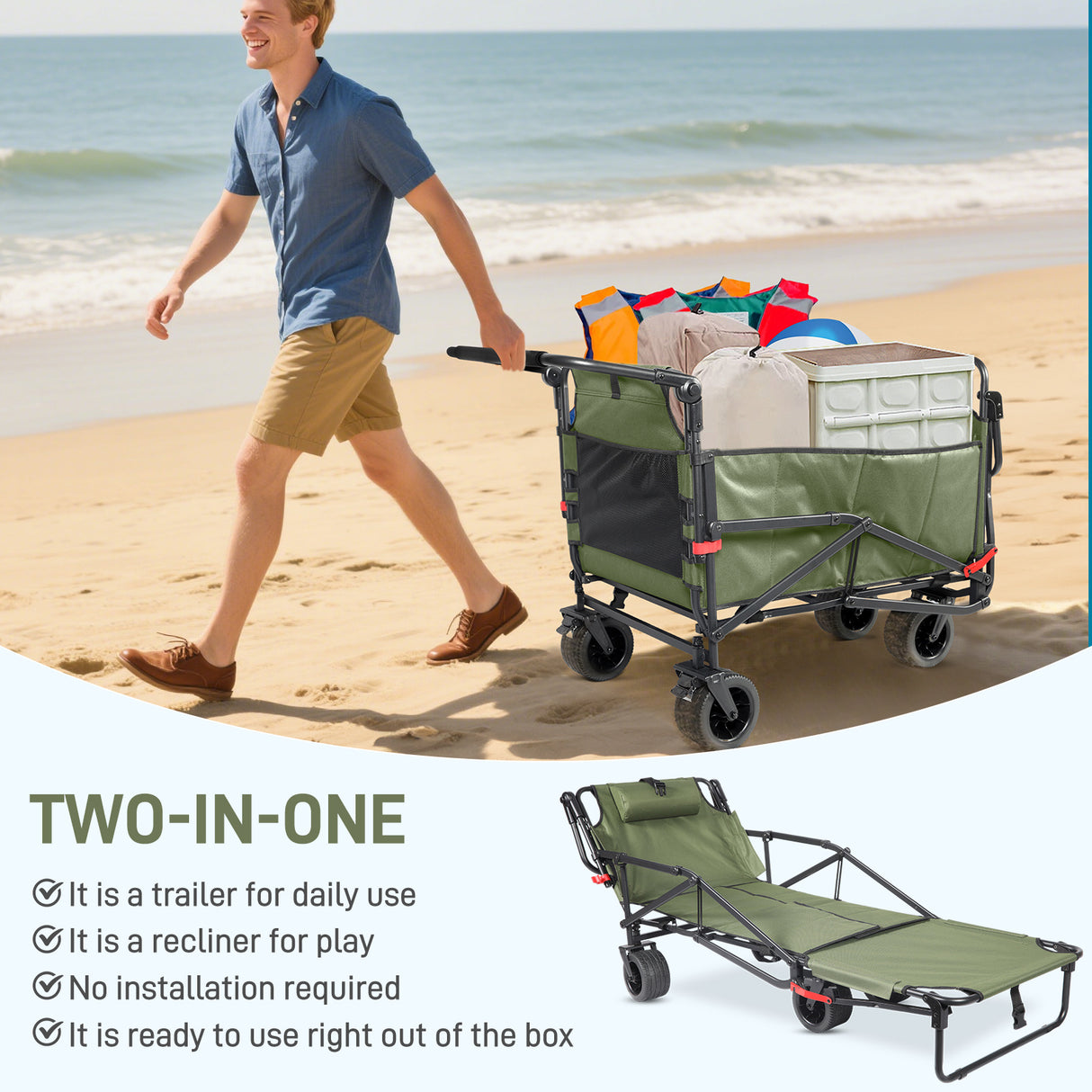 Collapsible Folding Wagon Cart, Convertible beach chair, Large Capacity Camping Wagon, Can hold up to 400 lbs, All Terrain Foldable Wagon, Heavy Duty Utility Wagon Cart For Grocery Outdoor Beach Gardening Shopping Fishing