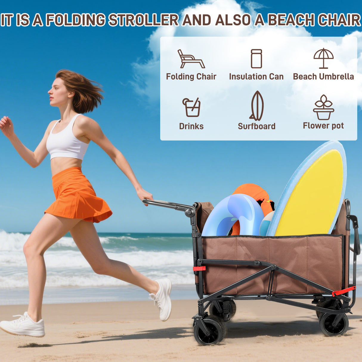 Collapsible Folding Wagon Cart, Convertible beach chair, Large Capacity Camping Wagon, Can hold up to 400 lbs, All Terrain Foldable Wagon, Heavy Duty Utility Wagon Cart For Grocery Outdoor Beach Gardening Shopping Fishing