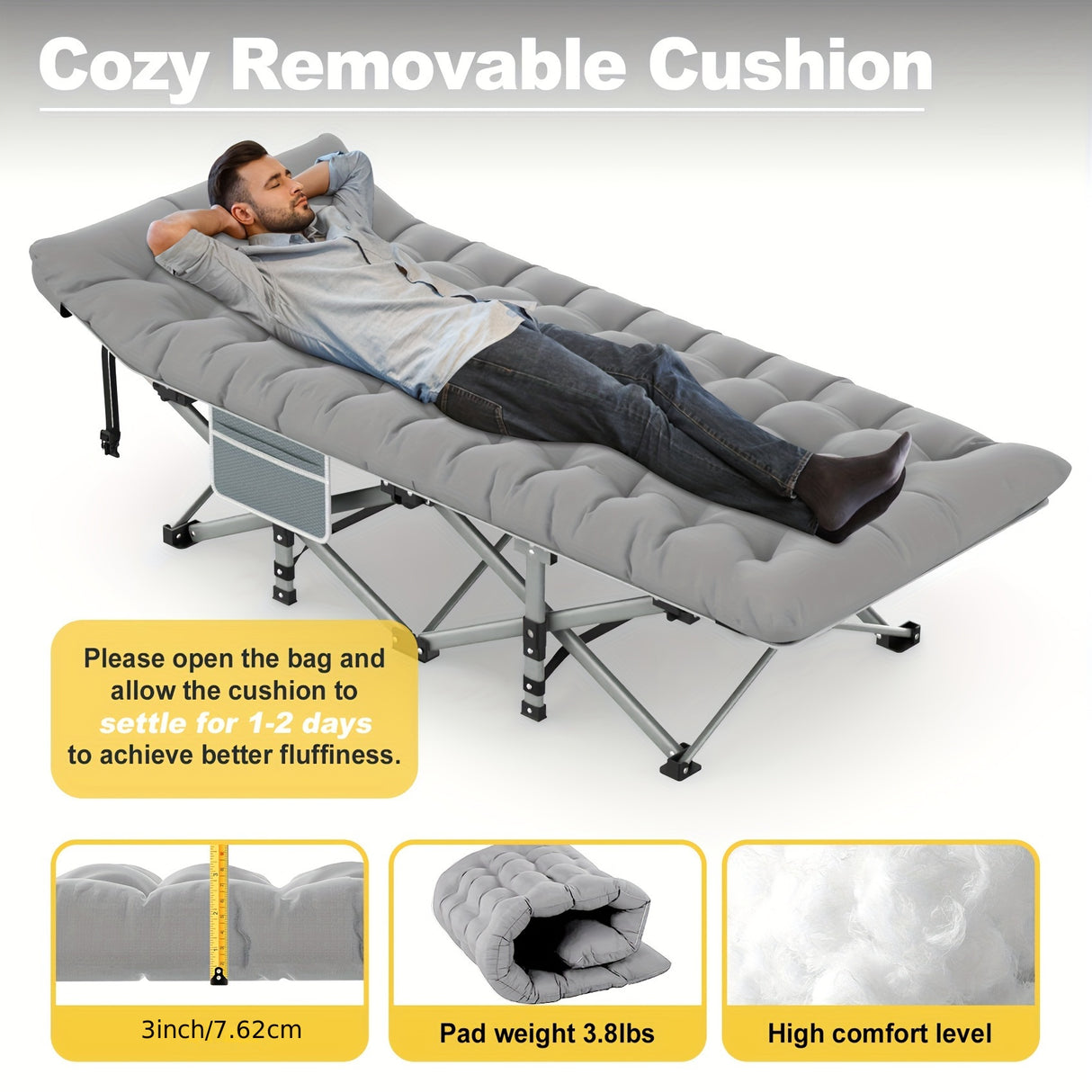 Folding Camping Cot Bed For Adults Sleeping 1200D Double Layer Oxford Portable Folding Outdoor Cots For Camping W/Soft Pad Carry Bag, Portable Travel Camp Cot Bed, Heavy Duty, For Patio, Courtyard, Lawn, And Garden, Ideal As