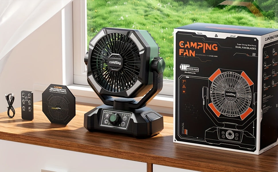 20000mAh Battery Powered Camping Fan - Dual Motor, 8-Speed Remote Control & 4 LED Lanterns, Portable Outdoor Fan with Tent Hook for Camping, Blackouts, Construction Sites