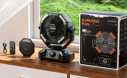 20000mAh Battery Powered Camping Fan - Dual Motor, 8-Speed Remote Control & 4 LED Lanterns, Portable Outdoor Fan with Tent Hook for Camping, Blackouts, Construction Sites