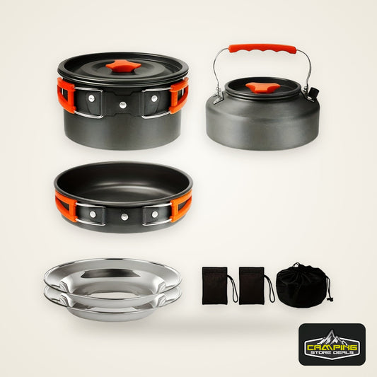 Kettle set pot 2-3 people camping pot and pan outdoor camping cookware portable combination pot set camping tableware, easy to carry and occupy little space, cooking pot, frying pan, kettle, two sets of knives and forks, fold