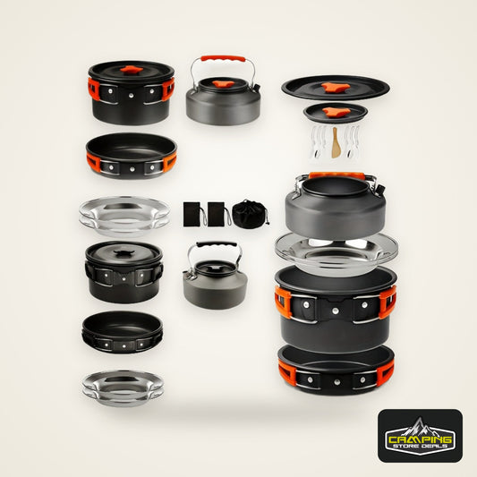 Kettle set pot 2-3 people camping pot and pan outdoor camping cookware portable combination pot set camping tableware, easy to carry and occupy little space, cooking pot, frying pan, kettle, two sets of knives and forks, fold