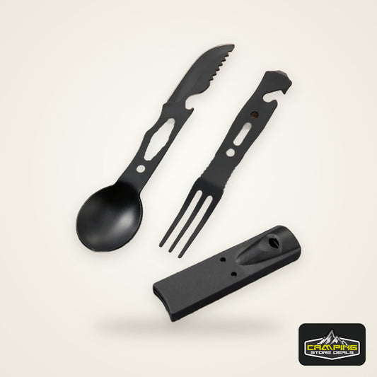 Portable Multifunctional Stainless Steel Camping Tool Set,Outdoor Tableware Kit With Spoon Fork AndWhistleForHiking PicnicTravel