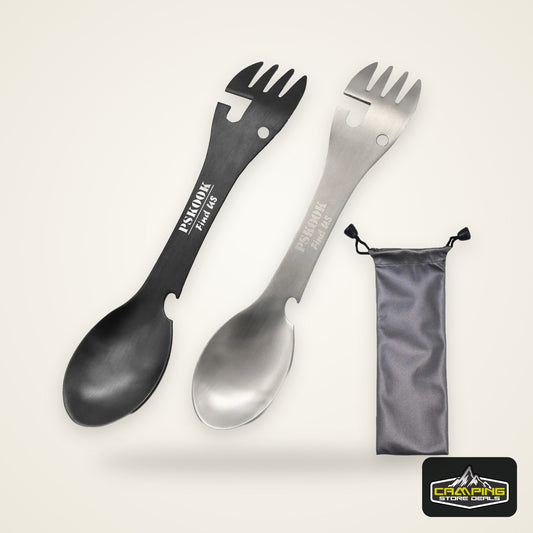 PSKOOK 5-in-1 Utility Tactical Spork, Stainless Steel Spoon & Bottle Opener, Fork & Knife, Can Opener Combo Camping Utensil
