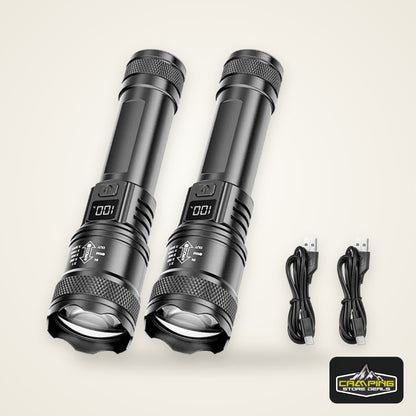 Rechargeable LED Flashlight Zoomable Torch with LCD Display 3 Modes Waterproof High Power Hand Light Outdoor Wilderness Camping