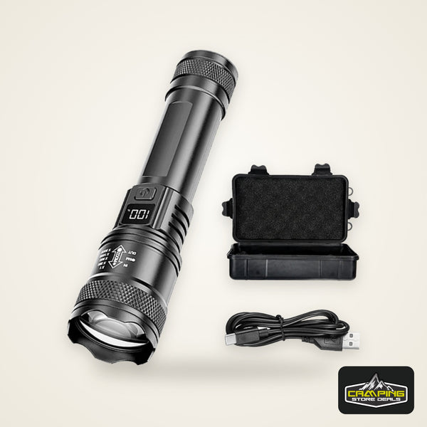 Rechargeable LED Flashlight Zoomable Torch with LCD Display 3 Modes Waterproof High Power Hand Light Outdoor Wilderness Camping