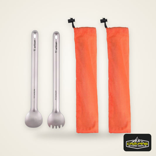 Tiartisan Pure Titanium Cutlery Ultralight Long Handle Spoon Spork Outdoor Camping Portable 2pcs Tableware Set With Storage Bag